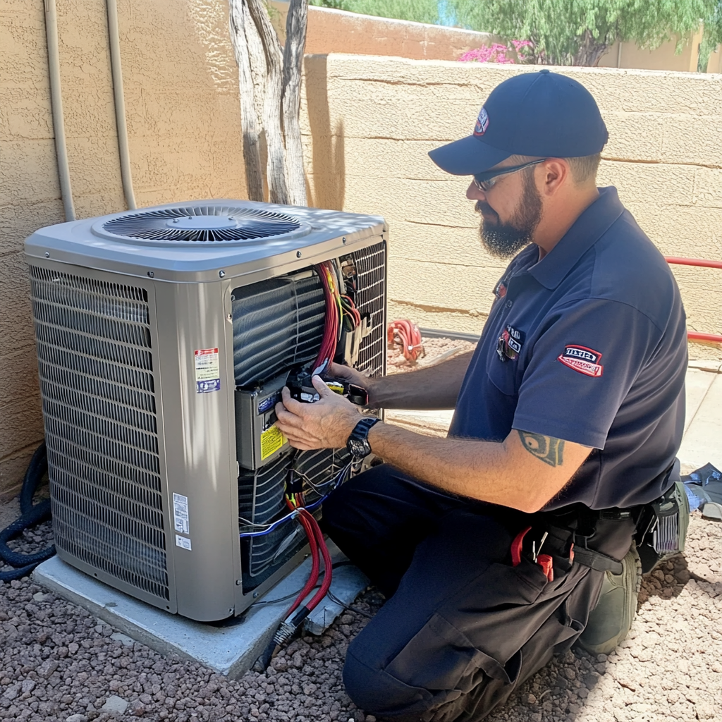 Air conditioning parts replacement in Phoenix, Arizona
This photo shows a technician replacing parts of an air conditioning unit in Phoenix, AZ. Worn or faulty parts, such as a failing capacitor or compressor, can cause the unit to run inefficiently or stop working altogether. In Phoenix’s extreme heat, keeping the air conditioning system in good repair is crucial to maintaining comfort and lowering energy bills. Replacing parts regularly, along with routine maintenance, helps extend the life of the system. Ensuring that components like the fan, filters, and ductwork are in good shape prevents major issues.
