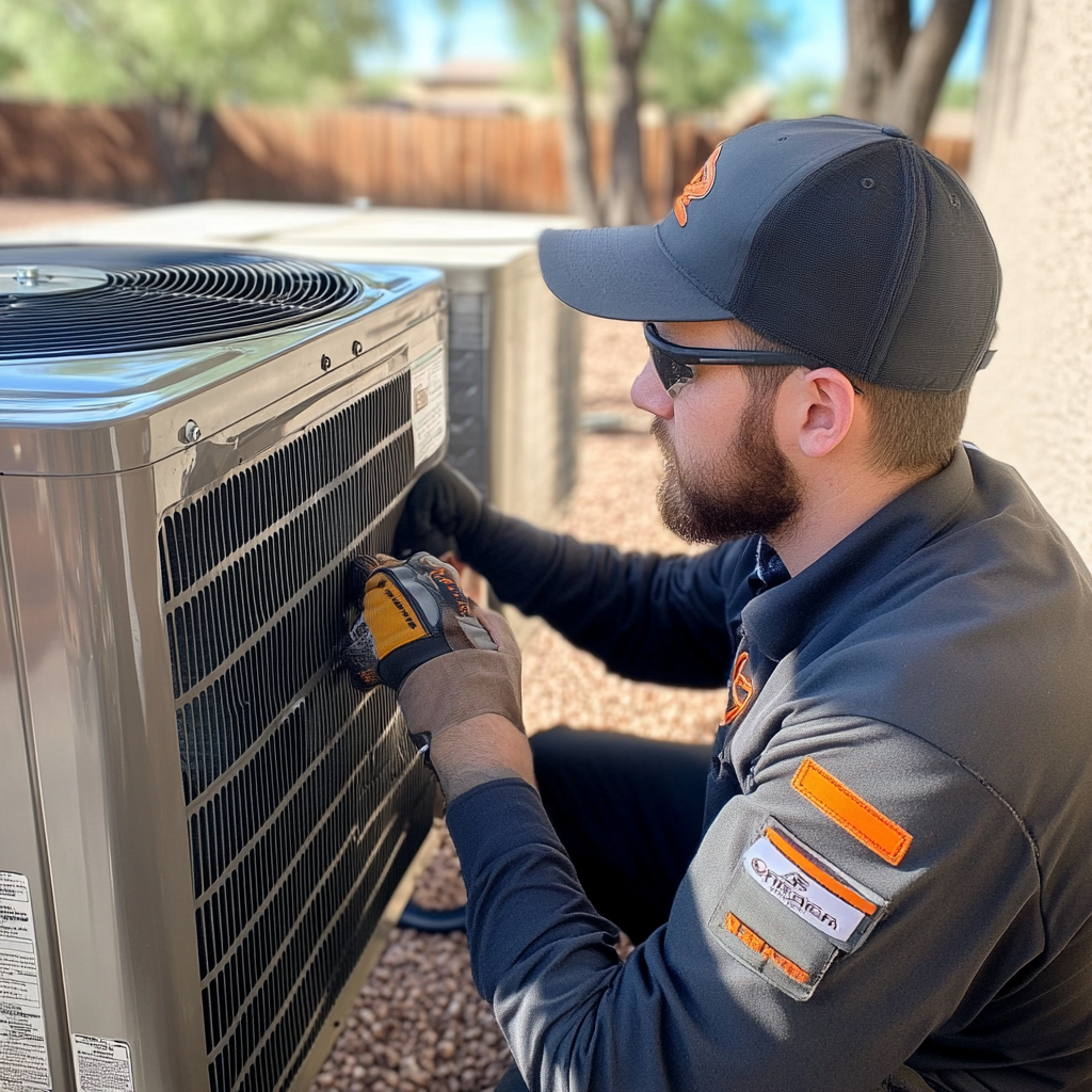 Capacitor replacement for air conditioning repair in Phoenix, AZ
The image shows a technician replacing a faulty capacitor in an air conditioning unit in Phoenix, AZ. The capacitor is a critical part that helps the AC start and run smoothly. If the capacitor fails, the unit may struggle to cool properly or shut down entirely. In Phoenix, where air conditioning systems work tirelessly during hot summers, routine maintenance and inspections of critical components like the capacitor are essential. By replacing worn-out parts, homeowners can avoid unexpected breakdowns and ensure their system operates efficiently.