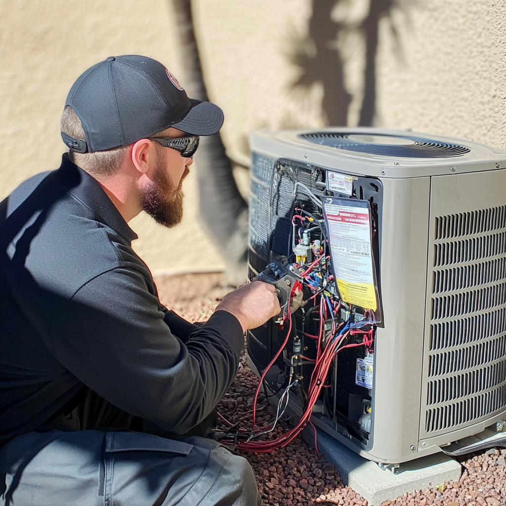 AC tune-up and repair service in Phoenix, AZ
A technician is performing an AC tune-up in a Phoenix home. This essential service includes cleaning the unit, replacing filters, checking refrigerant levels, and inspecting the capacitor. In Phoenix’s hot climate, air conditioning units need regular tune-ups to ensure they run efficiently and reliably. Professional HVAC service also includes safety inspections and duct sealing to maximize the cooling potential of the system. Annual or bi-annual tune-ups help prevent major breakdowns during peak summer months and reduce energy bills by improving overall efficiency.