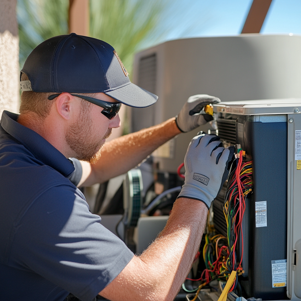 Air conditioning unit maintenance in Phoenix, AZ
This image shows a technician performing routine maintenance on an air conditioning unit in Phoenix, Arizona. Regular AC maintenance, including inspections of the system’s capacitor, duct sealing, and insulation, ensures optimal performance during the hot Arizona summer. Preventive services like these help homeowners avoid costly repairs and reduce energy bills. Phoenix’s extreme temperatures make AC tune-ups and system checks essential for reliable cooling throughout the year. Routine maintenance also includes checking parts, replacing worn components, and ensuring the HVAC system operates efficiently, providing homeowners with much-needed relief from the heat.